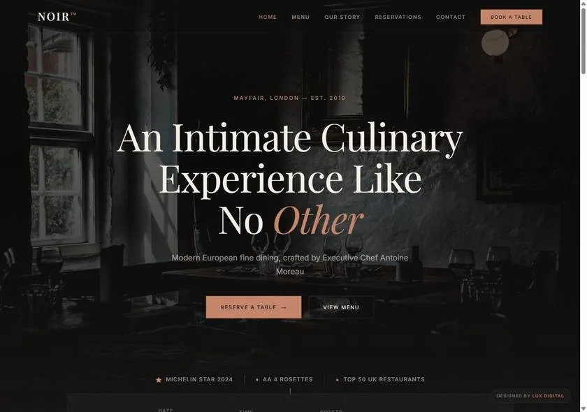 Noir restaurant website — dark fine-dining homepage designed by Lux Digital